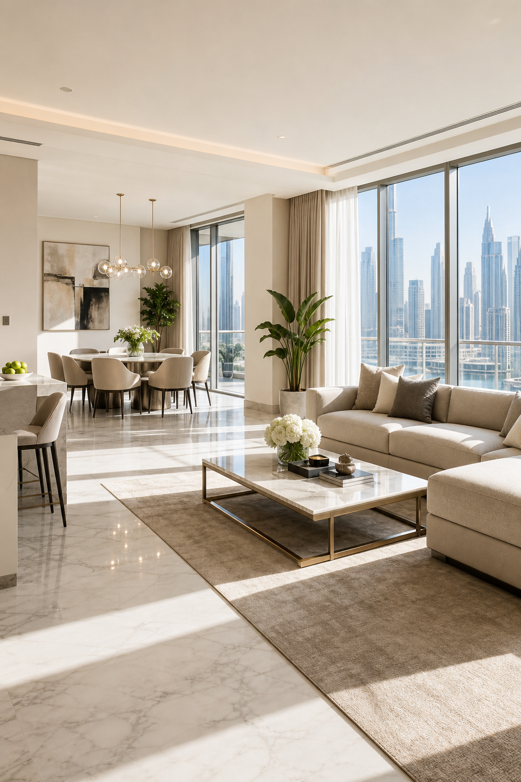 Spotless upscale living interior with polished marble floors, neatly arranged neutral furniture, and bright natural daylight