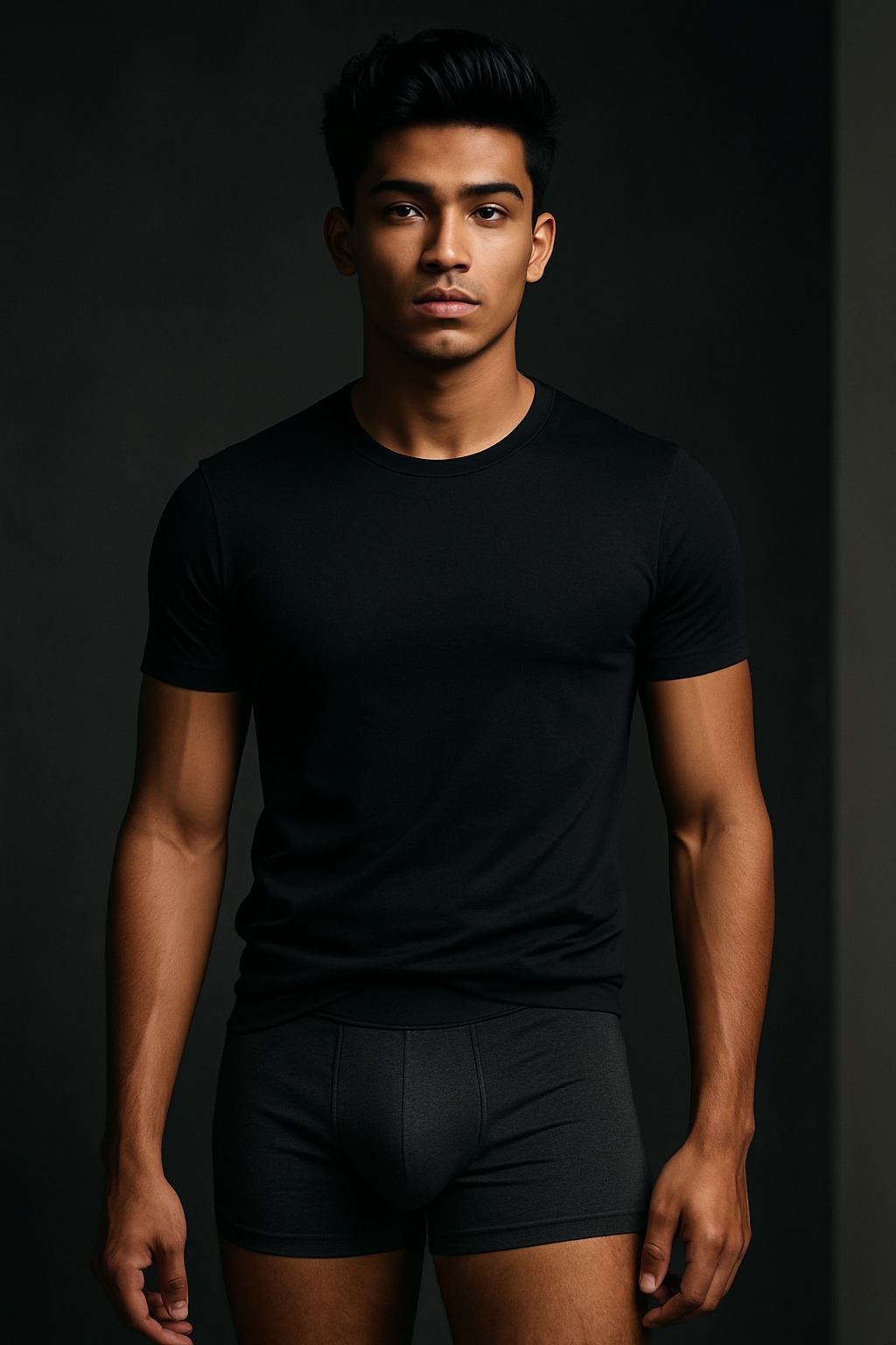 Young Bangladeshi man wearing a sleek black and charcoal underwear set, standing confidently in a modern studio with soft dramatic lighting