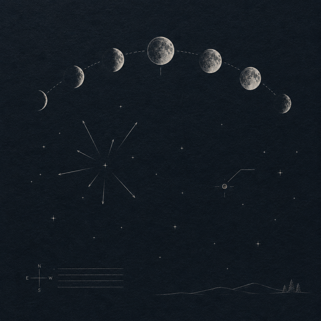 Minimal star chart sketch showing moon phase arc, meteor radiants, and Mars position on a dark field notebook page