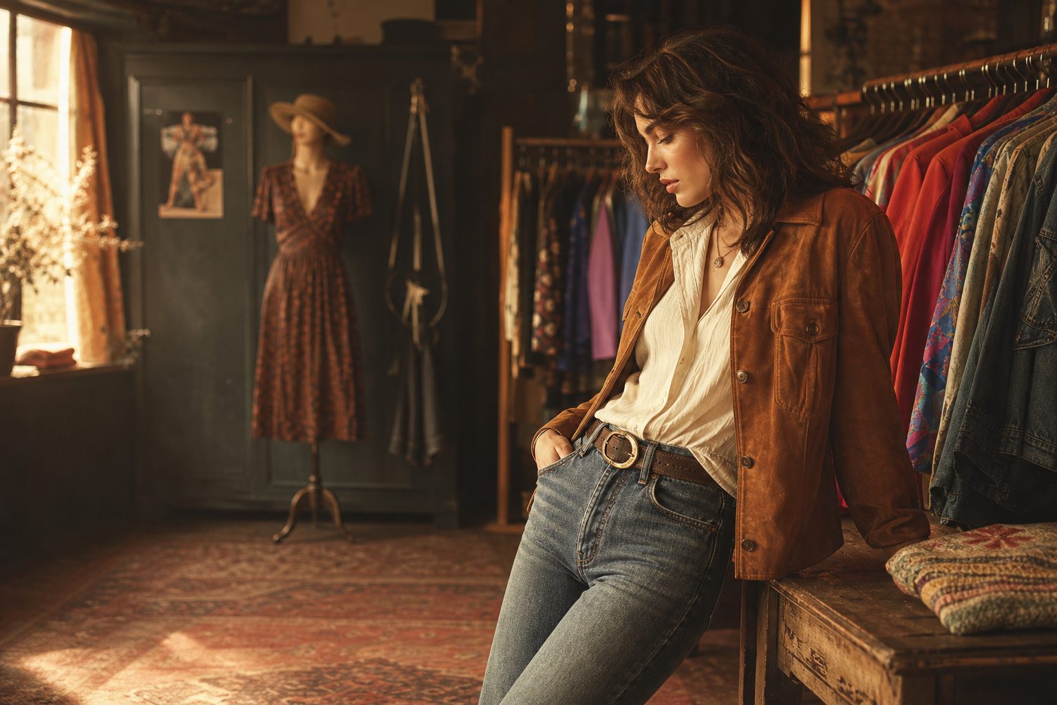 Styled vintage fashion scene with warm golden undertones, tactile fabrics, and softly faded film atmosphere