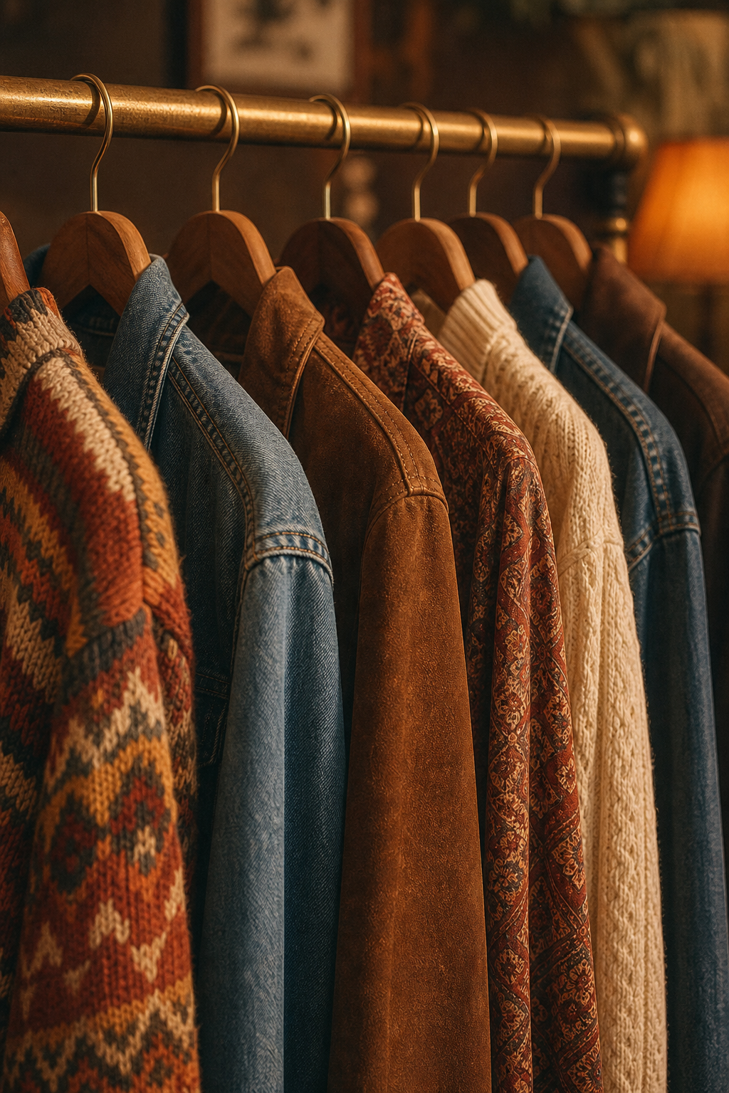 Warm film-style close-up of vintage garments on a brass clothing rail with textured fabrics and soft boutique lighting