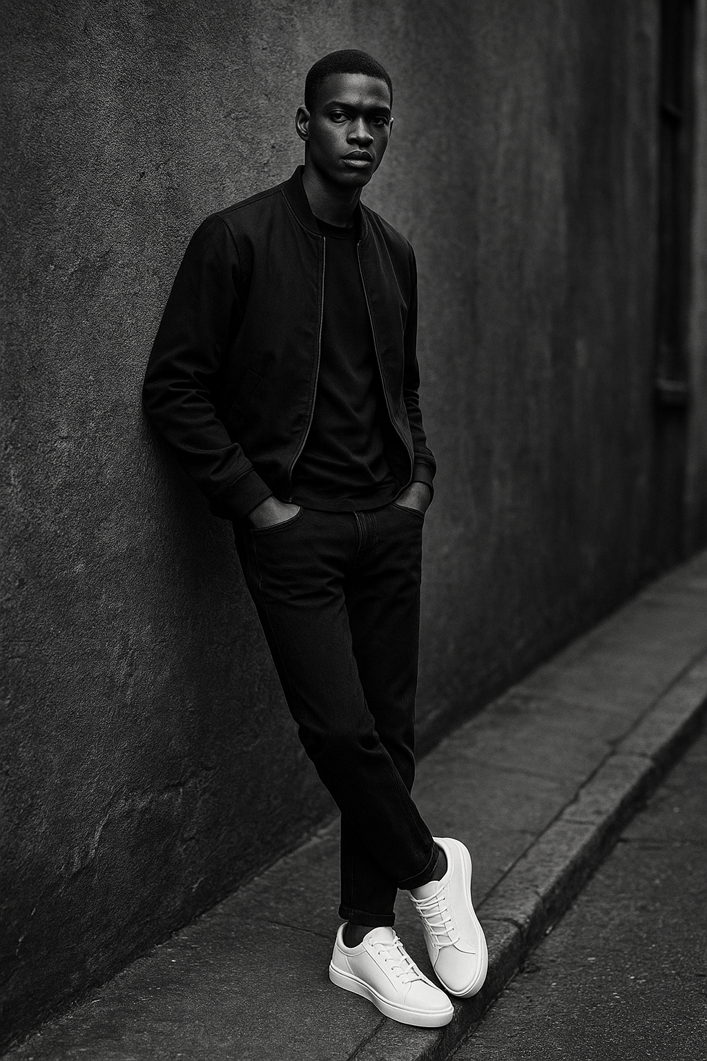 High-contrast street portrait of a model in premium low-top sneakers leaning near a graphite concrete wall, capturing fabric texture, pavement grain, and candid city posture