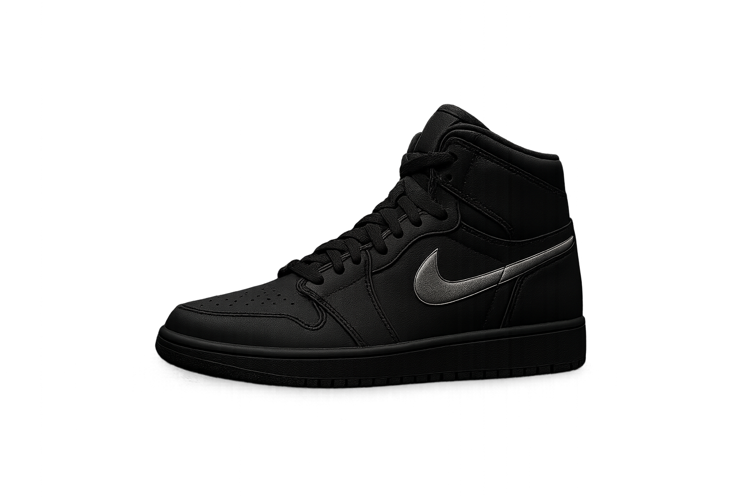 Monochrome campaign image of a matte black high-top sneaker on wet city pavement at dusk