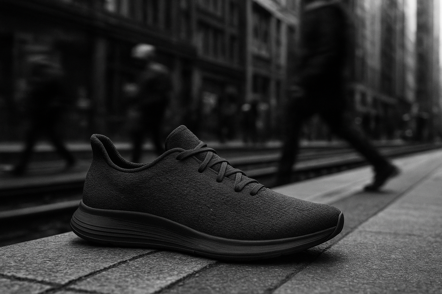 Slim knit runner sneaker in charcoal tones photographed beside a subway platform
