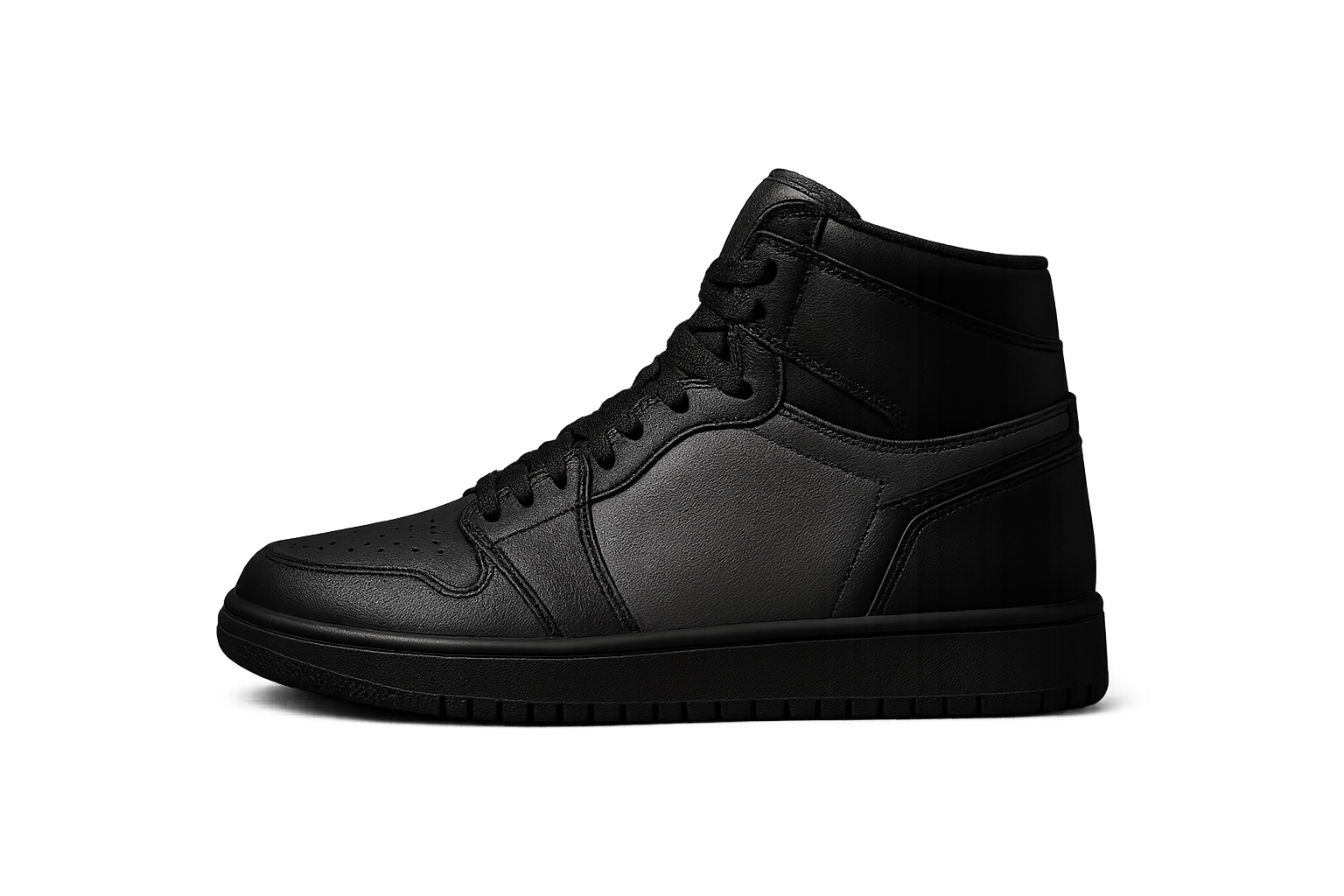 Realistic premium monochrome high-top sneaker in side profile on a clean studio backdrop with detailed sole texture and leather panels