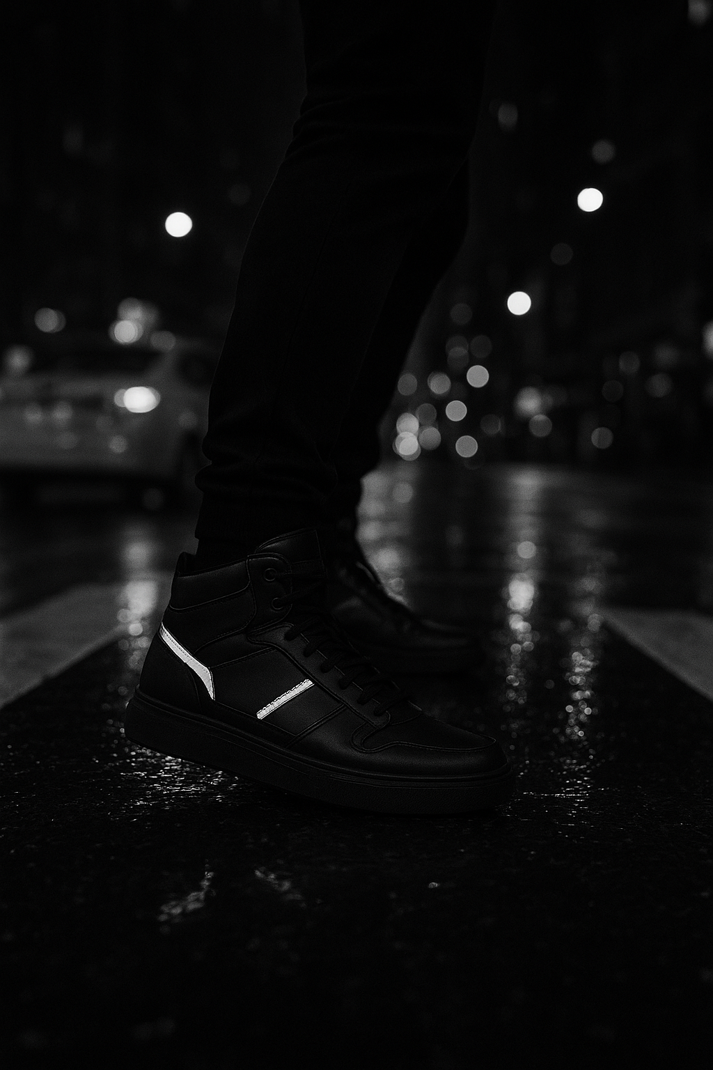 Night crosswalk action shot capturing reflective sneaker details in motion against blurred city traffic