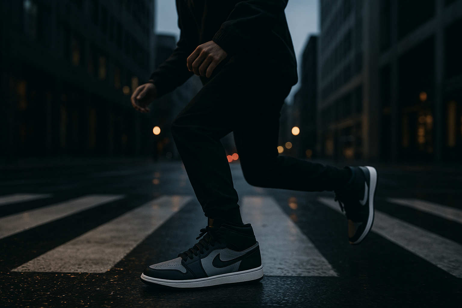 Cropped urban lifestyle scene with a sneakered runner crossing a city street at dusk, motion blur in pavement and lights