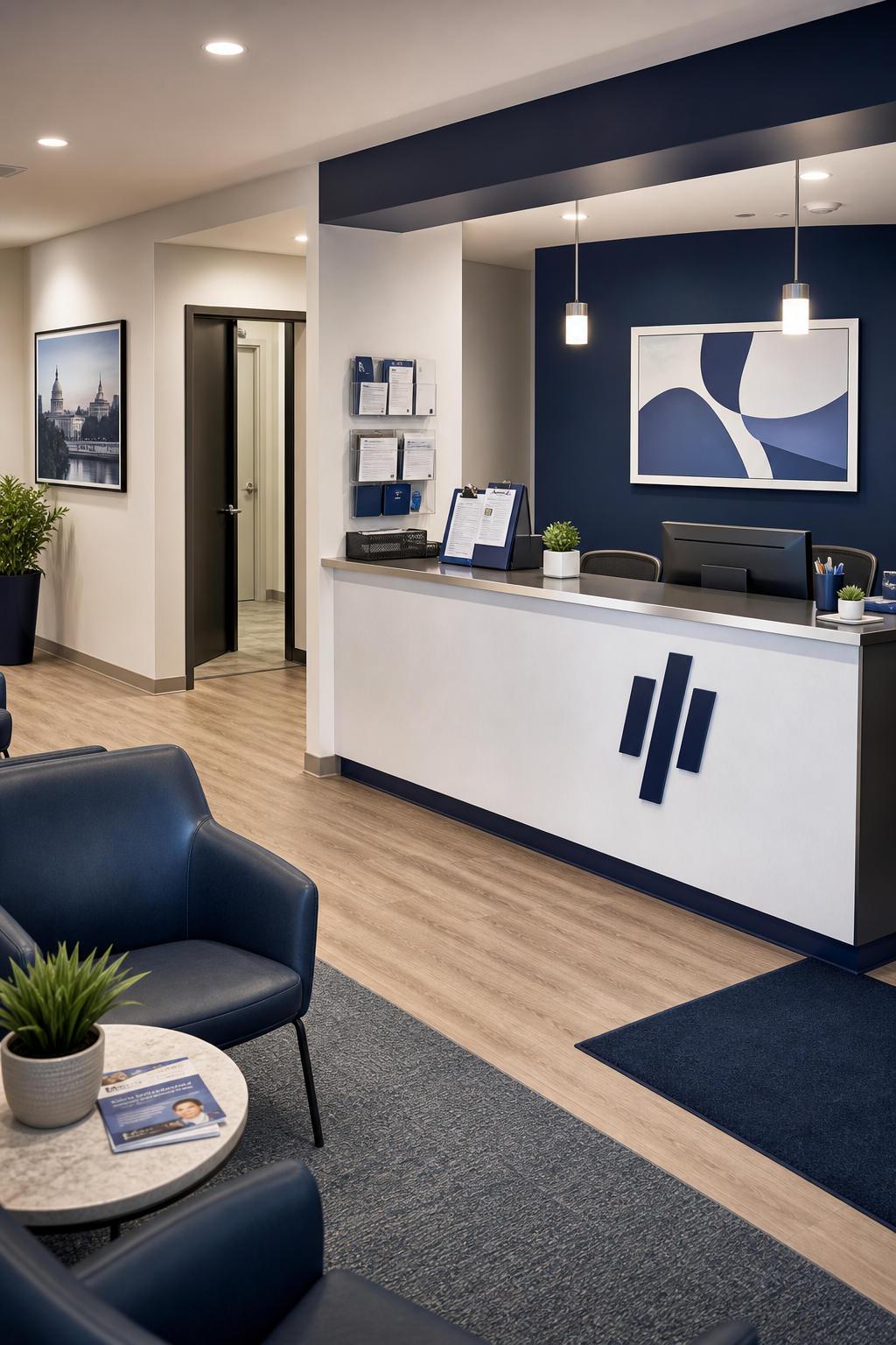 Polished front-desk consultation area with a reception counter, organized workspace, and warm professional lighting