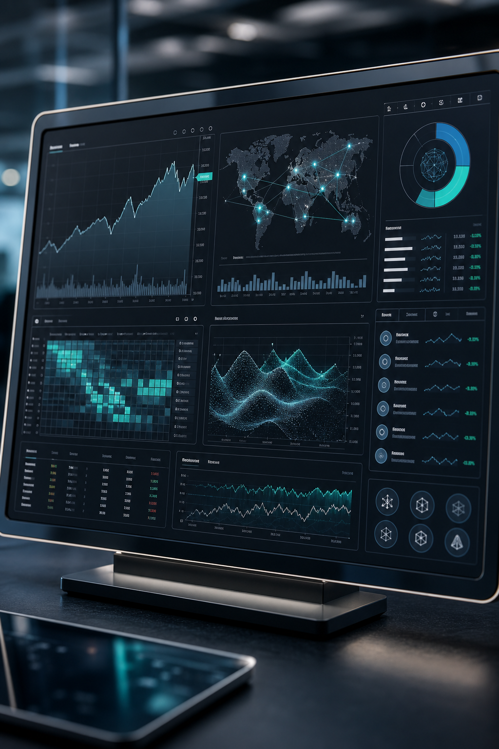 Futuristic AI market intelligence dashboard with layered charts, network nodes, and analytical data panels