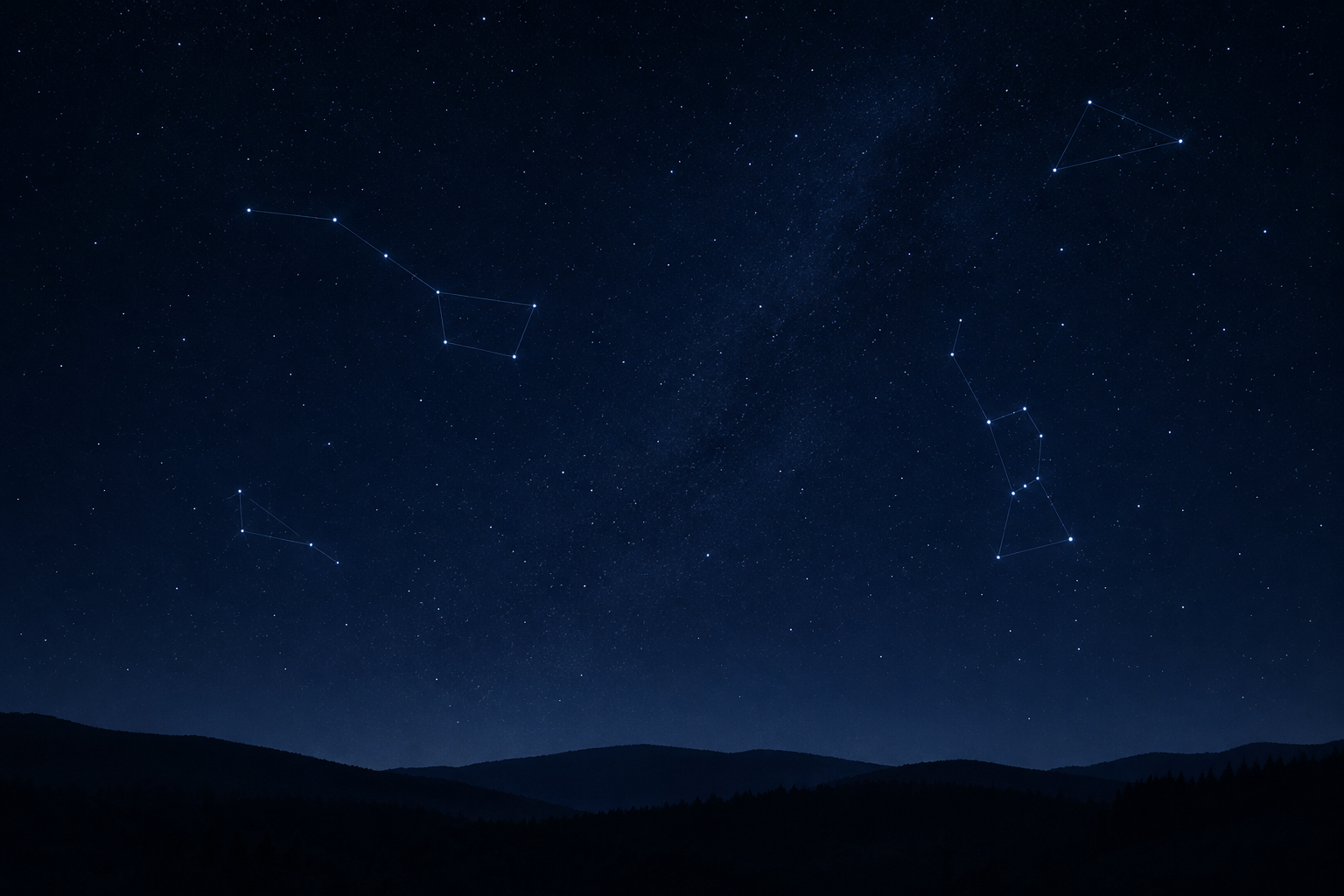 Subtle night-sky photo with visible constellations over a dark hill used as a calm visual accent