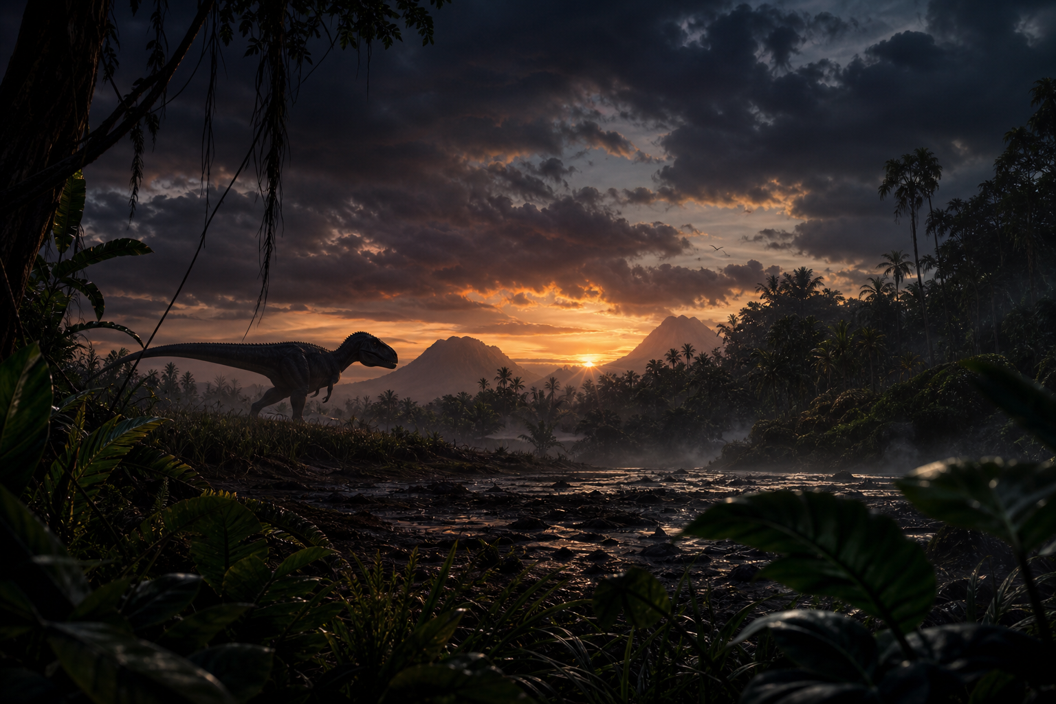 Moody prehistoric survival landscape at dusk with a distant dinosaur silhouette, dense jungle haze, and dramatic cinematic lighting