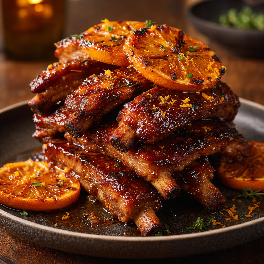 Stack of citrus-glazed baby back ribs with charred orange slices