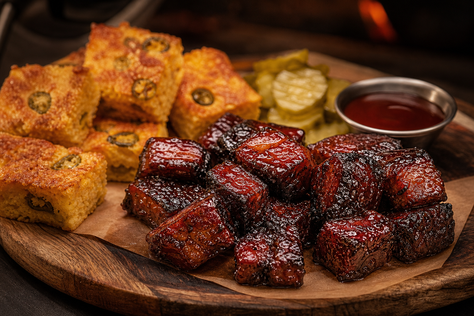 Platter of glossy molasses-glazed burnt ends with jalapeño cornbread and pickles
