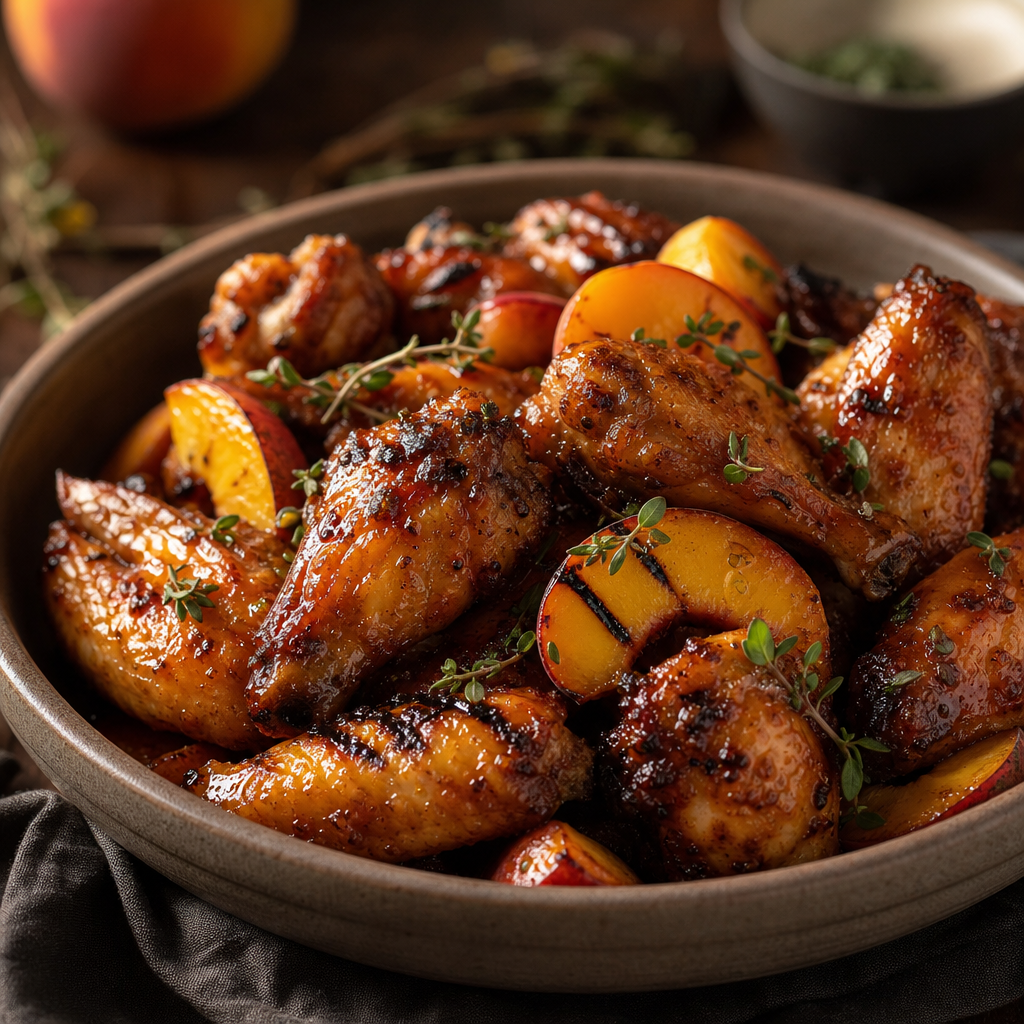Bowl of peach-smoked chicken wings with charred peach slices