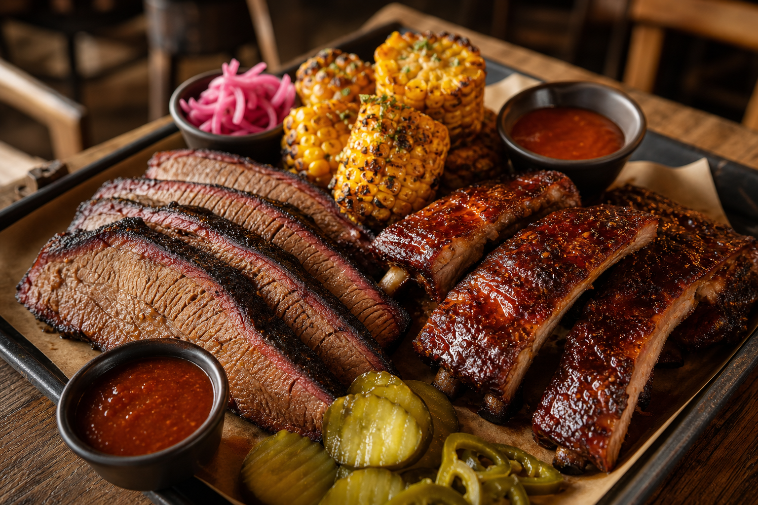Appetizing BBQ platter with smoked brisket slices, glazed ribs, grilled corn, and pickled sides on a rustic wooden table