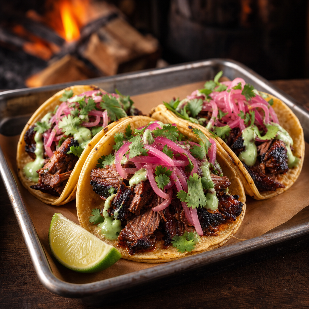 Three smoky brisket street tacos with cilantro and pickled onions
