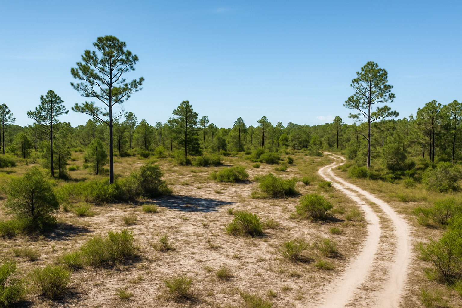 Aerial view of a sunlit Florida vacant lot with sandy soil, scattered pine trees, and a clear blue sky