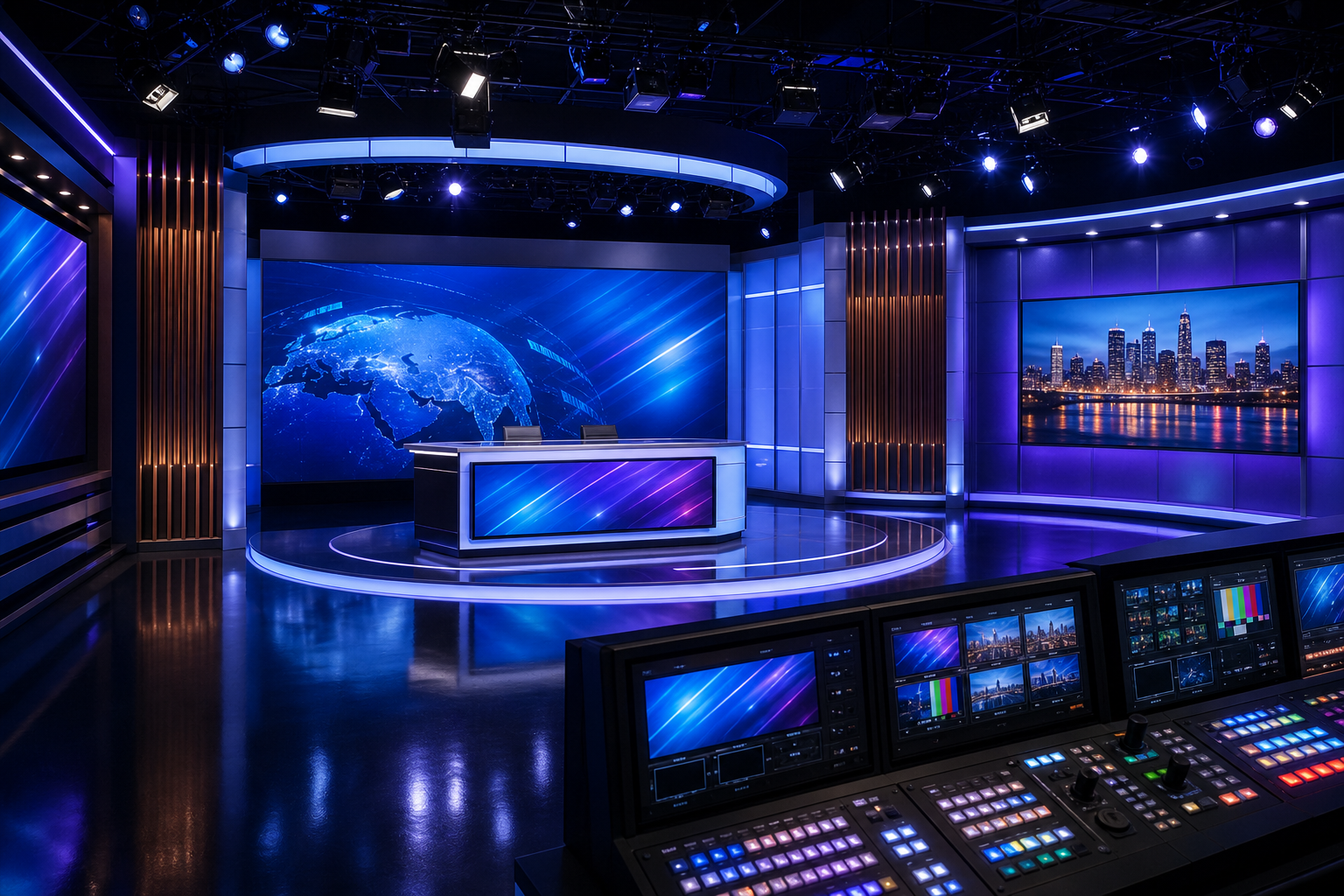 Modern television studio scene with large broadcast screens and a glowing stage