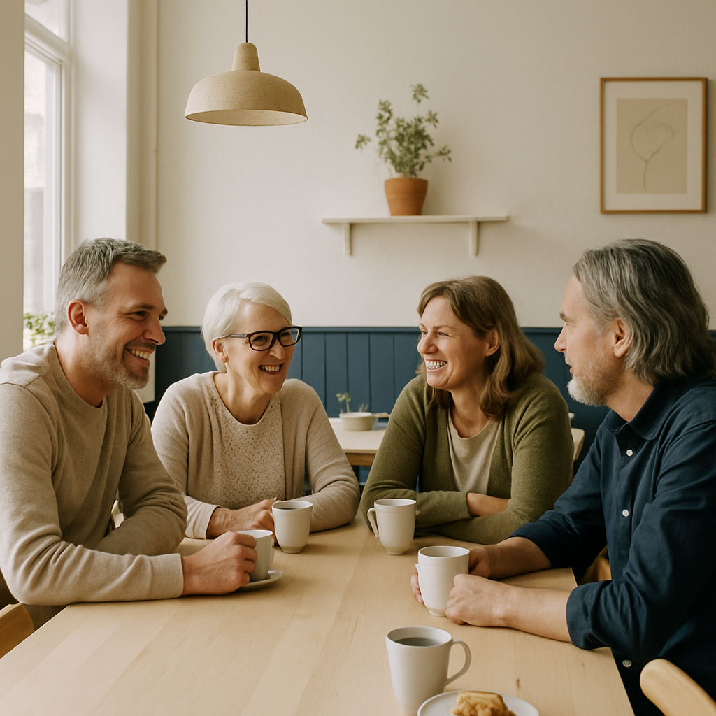 Neighbors chatting around a long community table