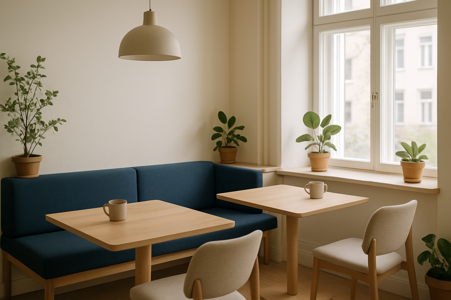 Cozy cafe corner with light wood tables and soft seating