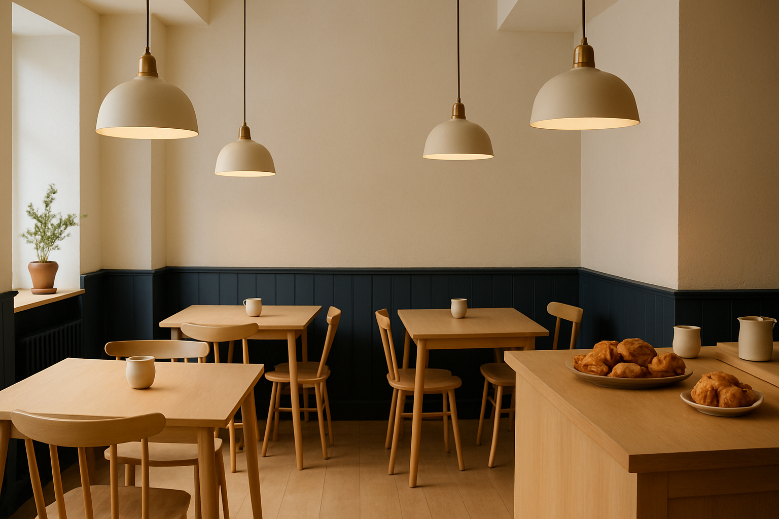Cozy Scandinavian-inspired cafe interior with light wood tones