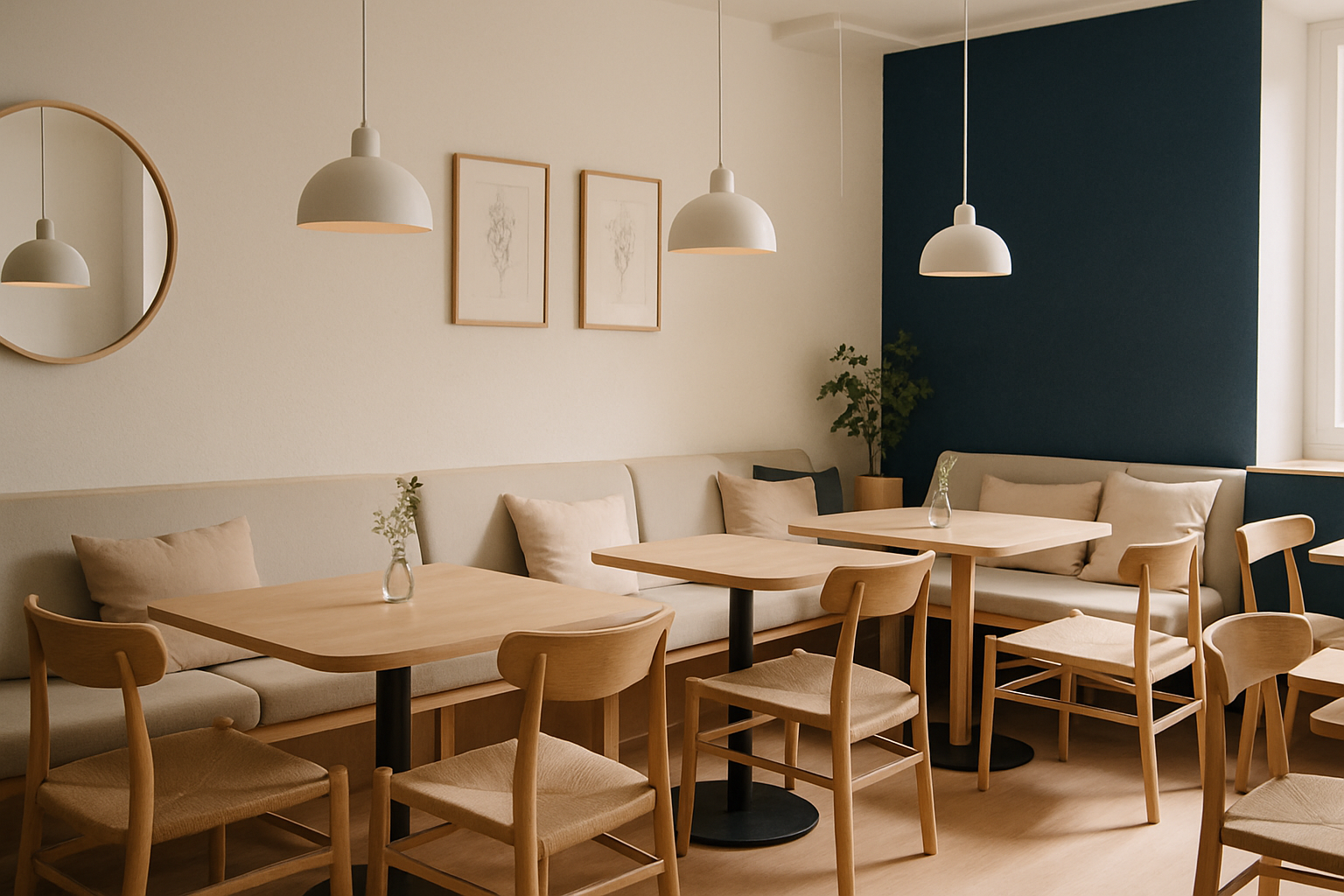 Cozy Scandinavian-inspired cafe interior with light wood, off-white walls, and warm seating