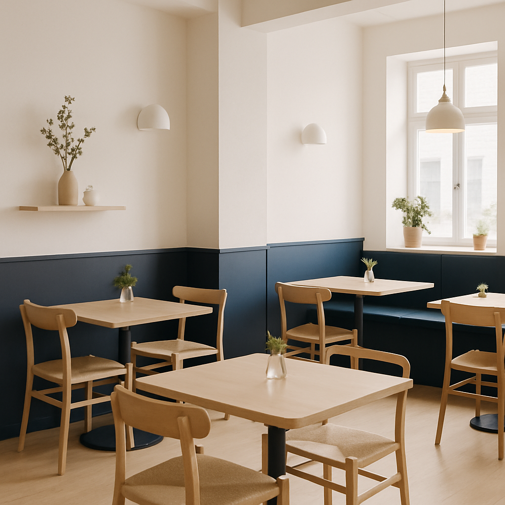 Bright Scandinavian cafe interior with light wood furniture