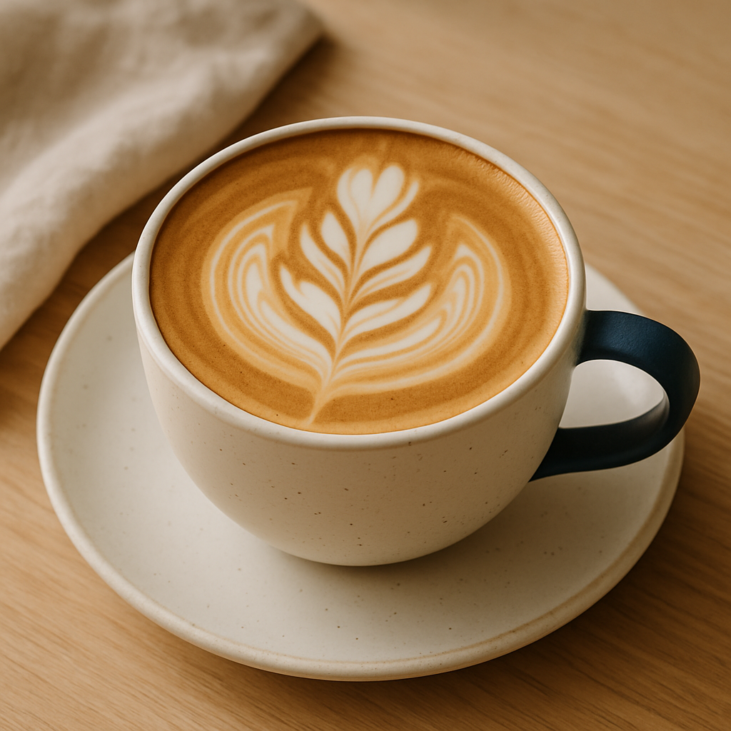 Latte art in a ceramic cup on a light wood table