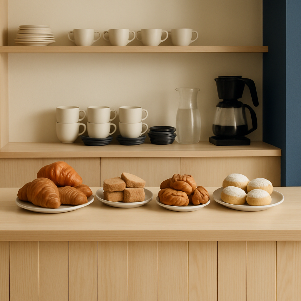 Light wood counter with pastries and coffee cups