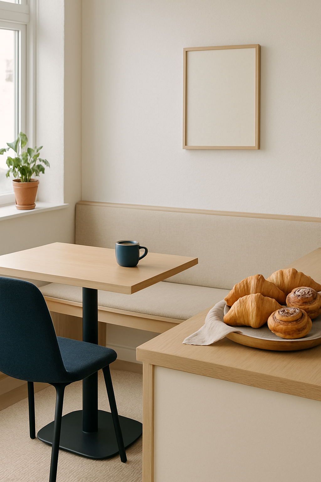 Bright Scandinavian cafe interior with light oak tables, off-white walls, navy chairs and soft morning window light