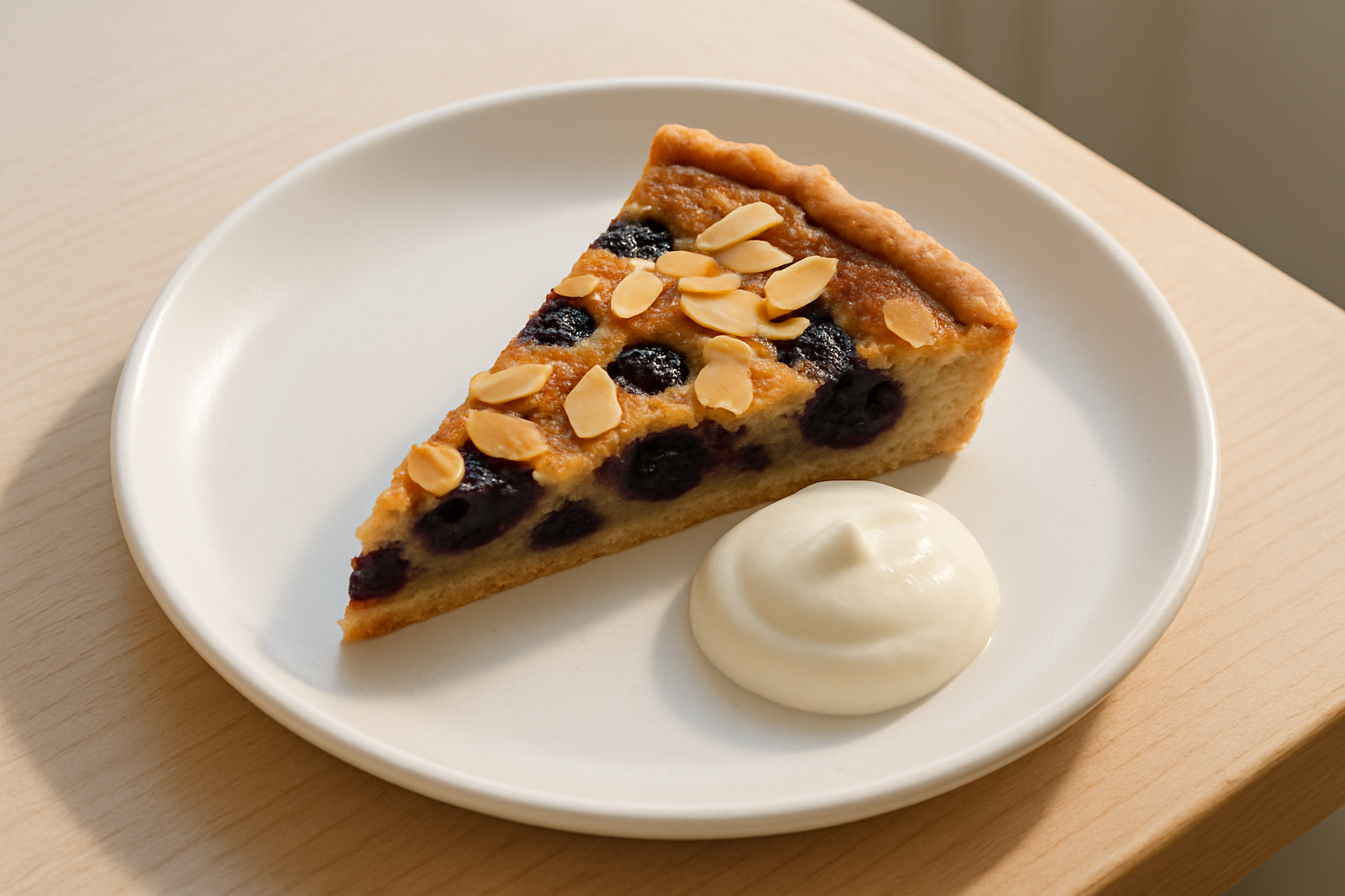 Rustic blueberry almond tart slice on a white plate