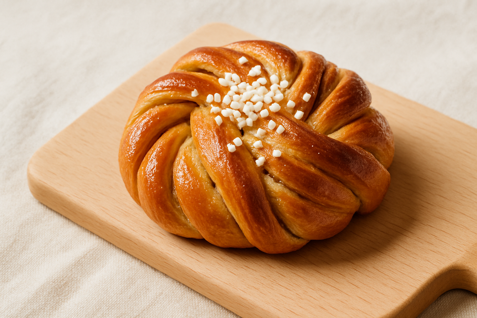 Swedish cardamom bun with pearl sugar on a light wood board