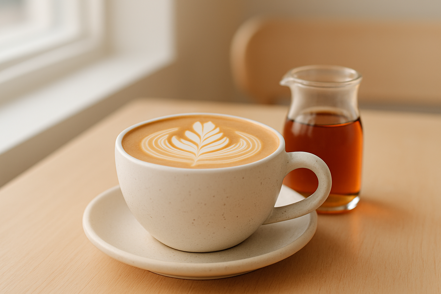 Maple oat latte in a ceramic cup with latte art