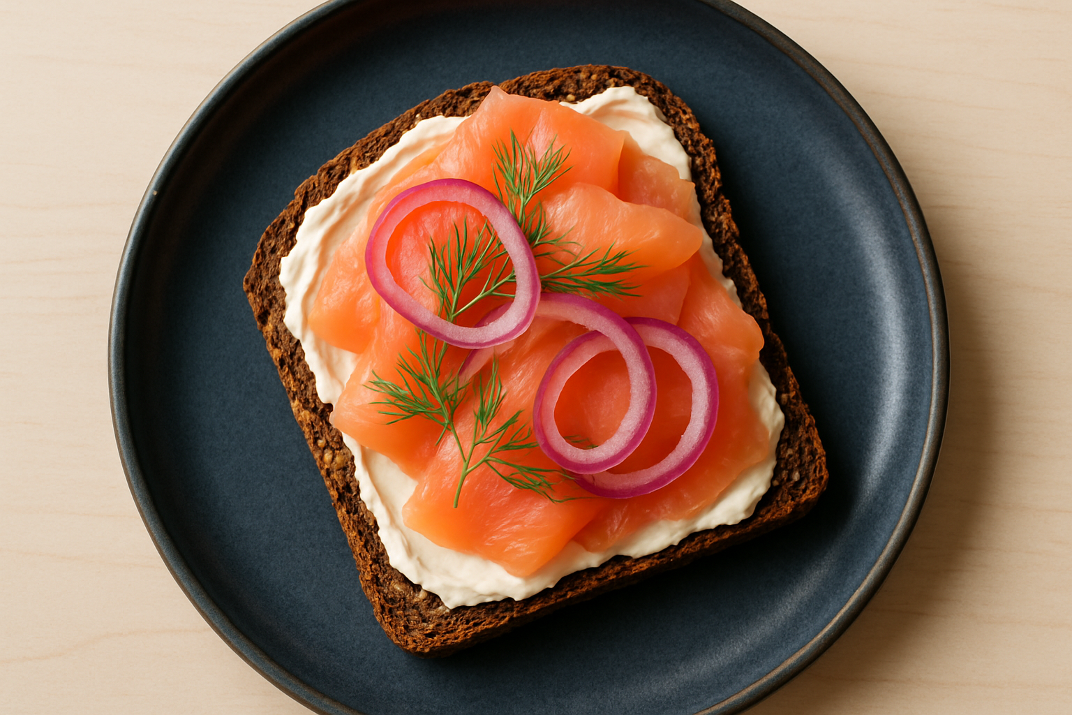 Open rye sandwich with smoked salmon, dill and pickled onion