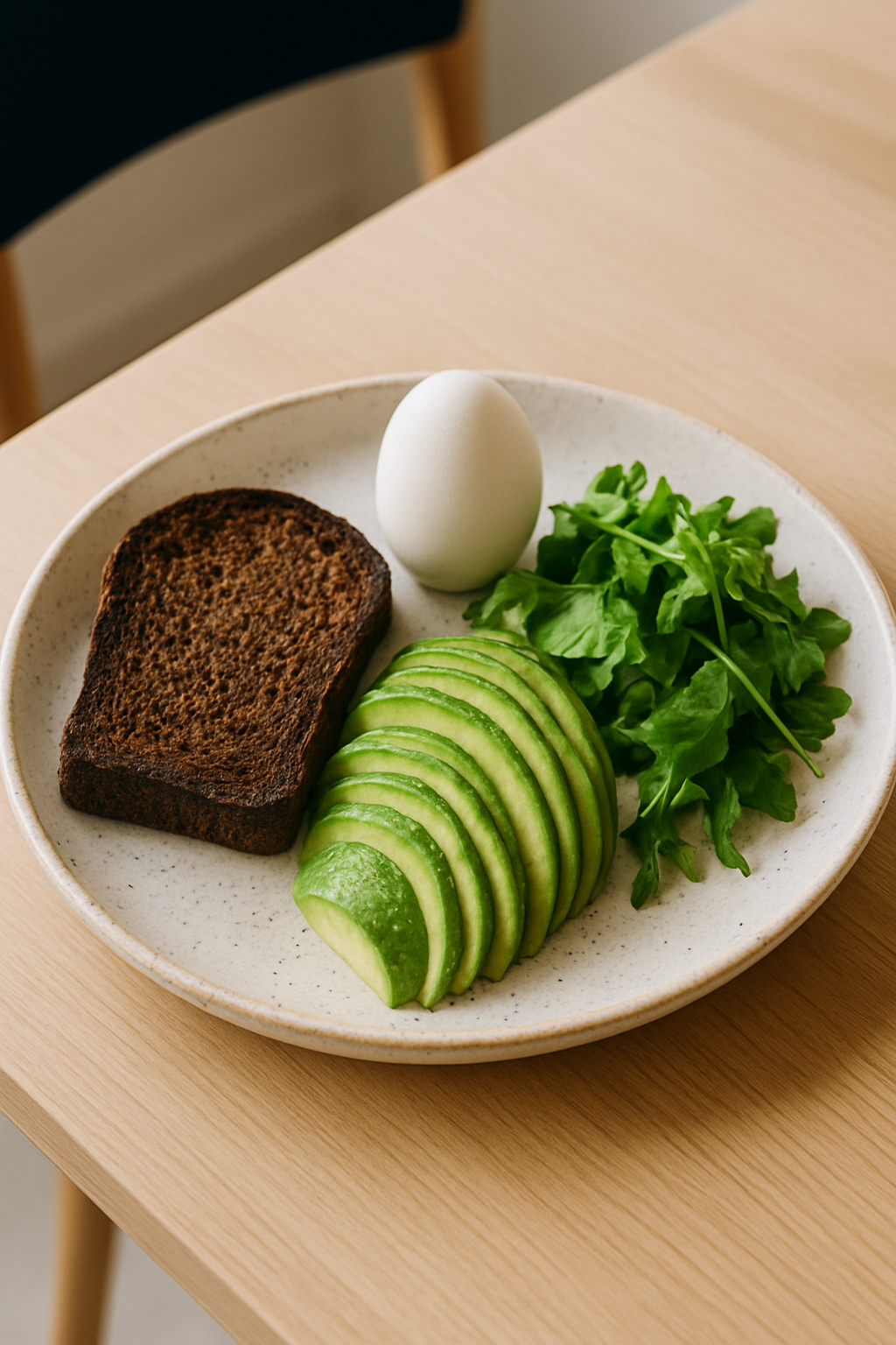 Breakfast plate with rye toast, egg and greens