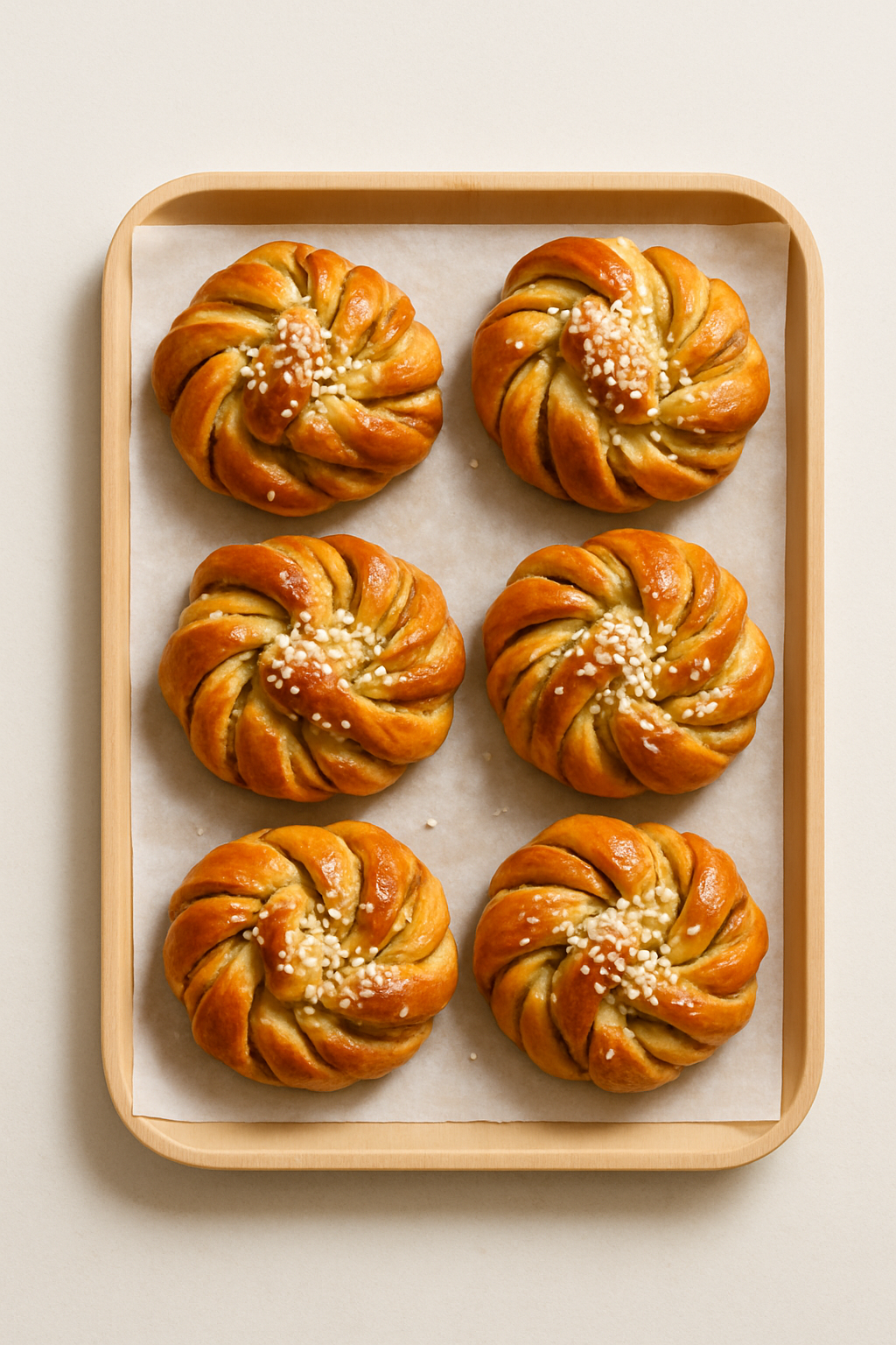 Tray of cardamom buns on parchment