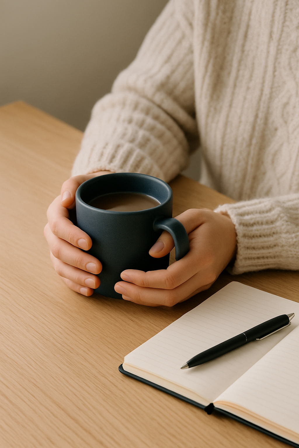 Hands holding a mug beside an open notebook on a wooden table