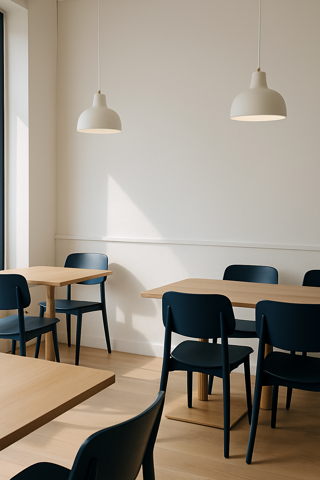 Bright Scandinavian cafe interior with light oak tables
