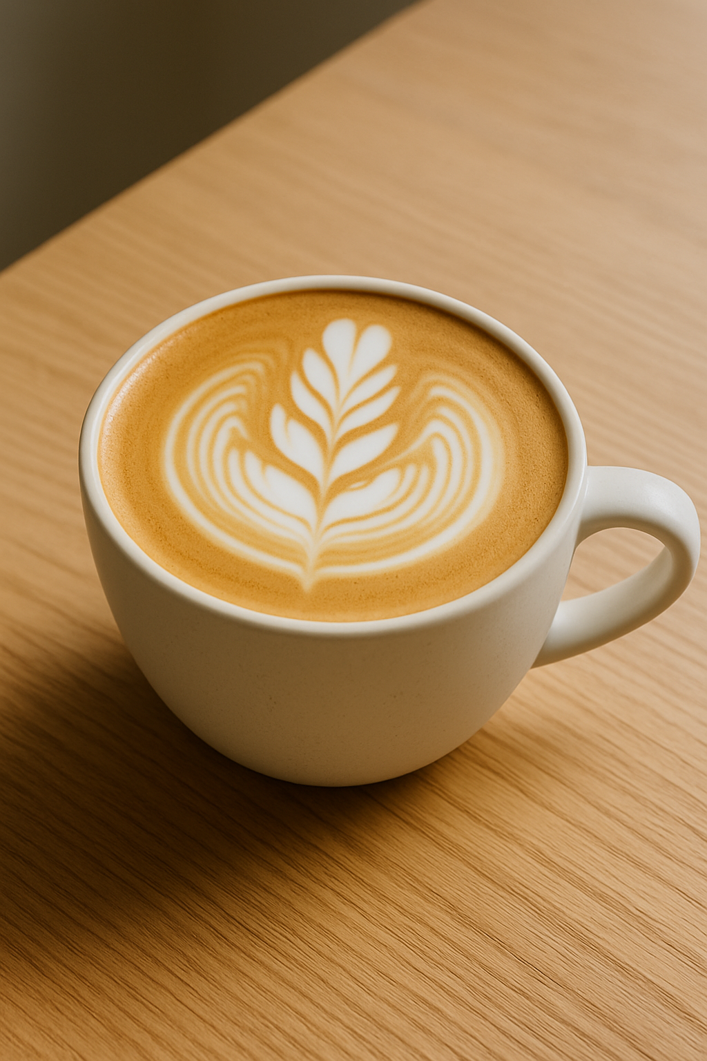 Latte with rosetta art in a white ceramic cup