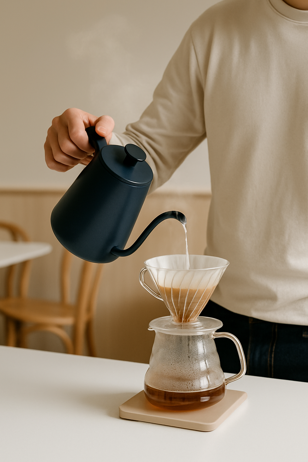 Barista pouring filter coffee through a glass pour-over