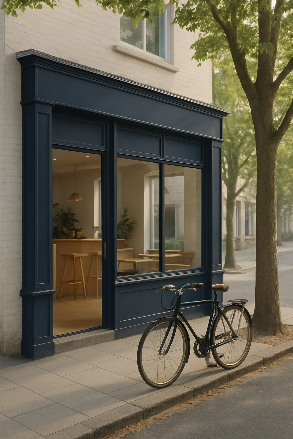 Cafe storefront on a calm neighborhood street with a bicycle