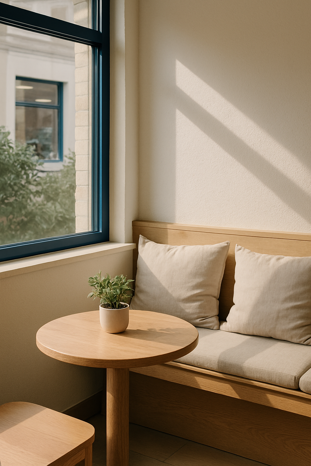 Morning window light over a cafe bench with linen cushions