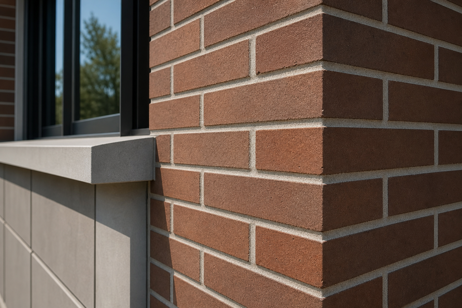 Close architectural masonry wall corner with clean brick lines, mortar joints, and modern construction detail