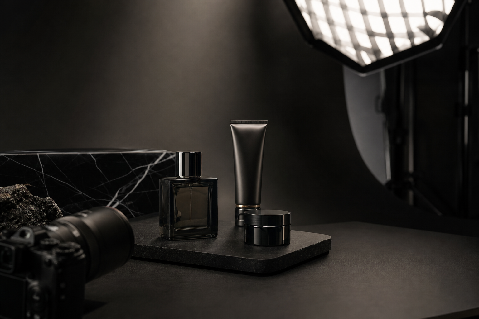 Polished brand campaign product scene with controlled studio highlights