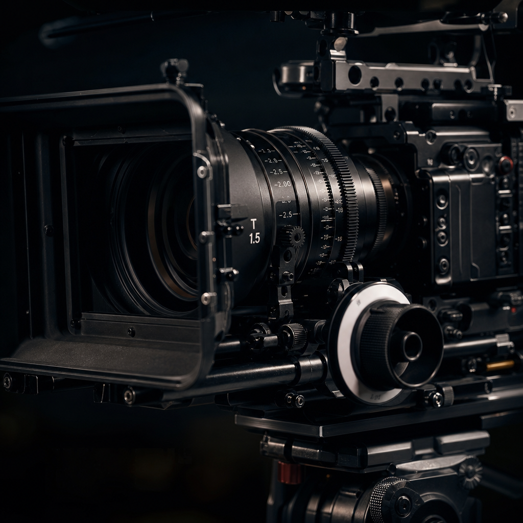 Close-up of cinema camera rig with matte box and focus markings