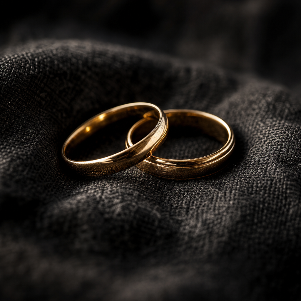 Macro wedding detail of gold rings on textured black fabric