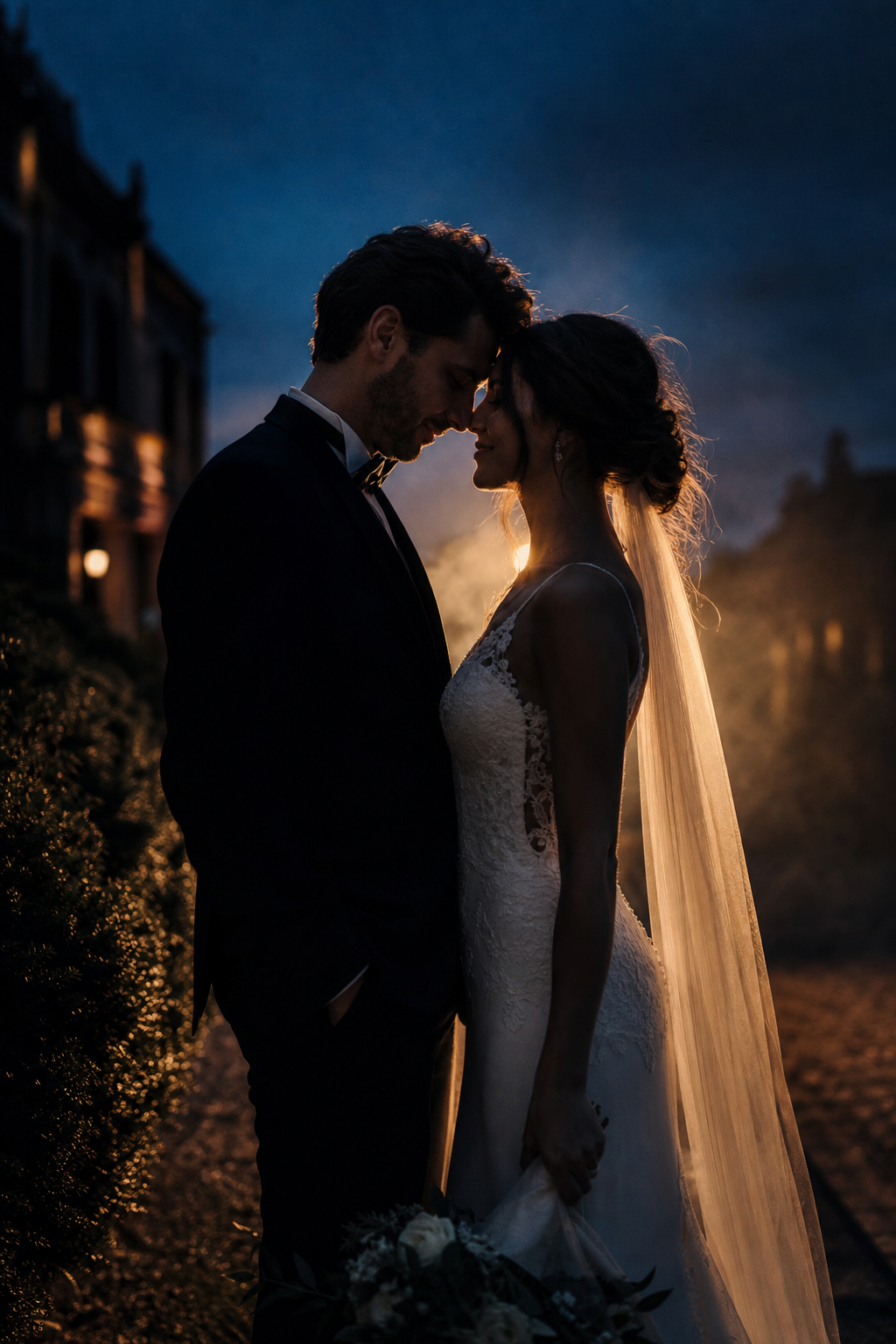 Cinematic wedding couple frame at dusk with dramatic backlight and soft haze