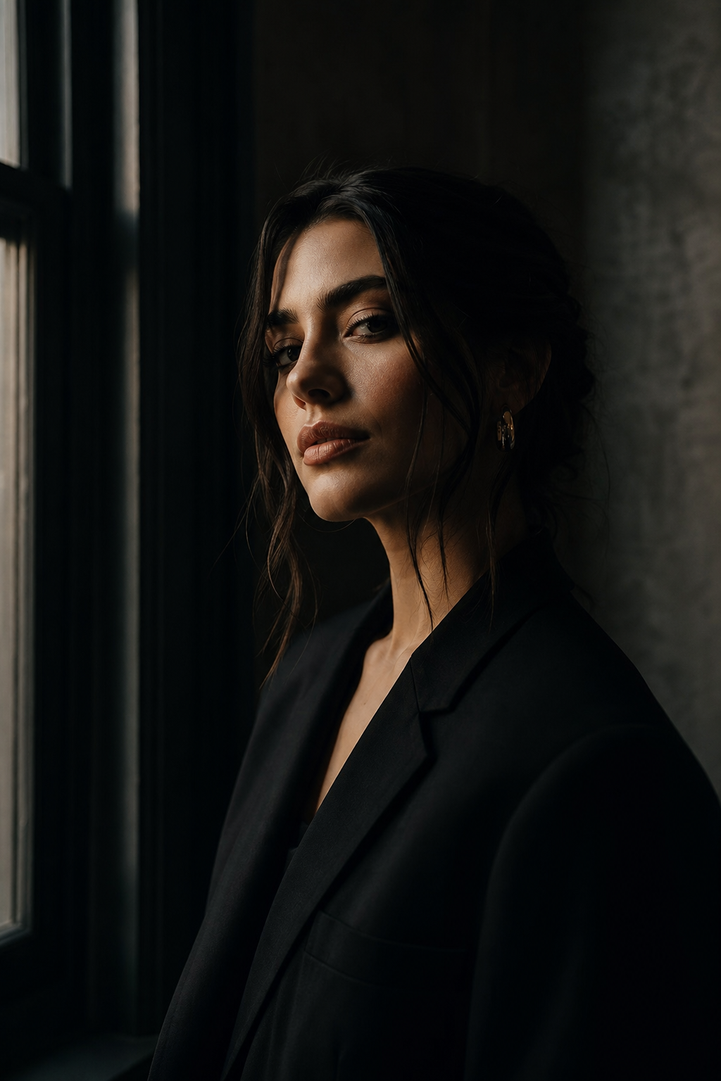 Editorial portrait with directional window light and deep shadow contrast