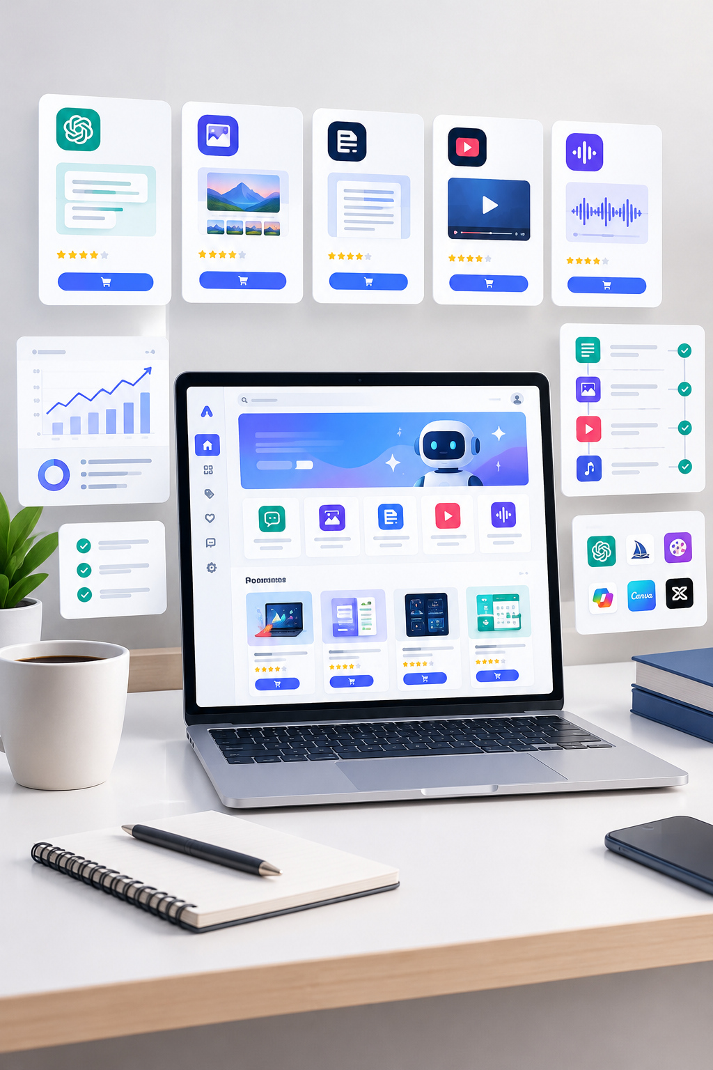 Modern digital workspace showing curated AI tool cards, analytics snippets, and productivity workflow panels on a clean desktop interface