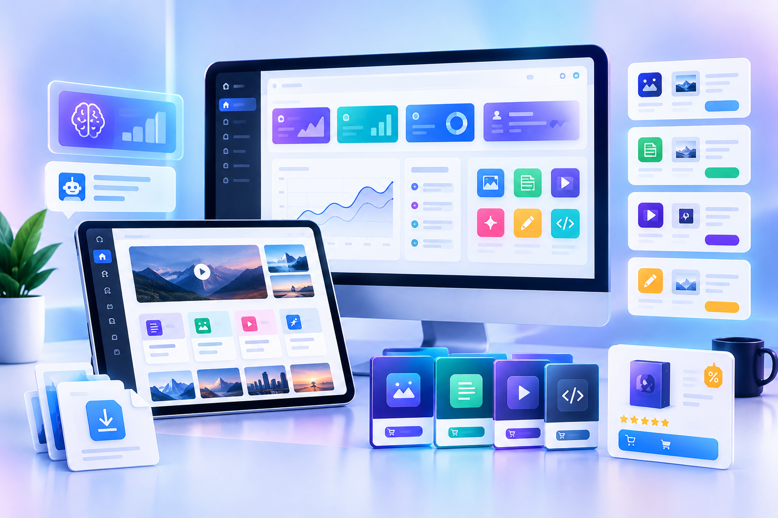 Clean futuristic collage of AI tool dashboards, digital product cards, and download-ready marketplace panels